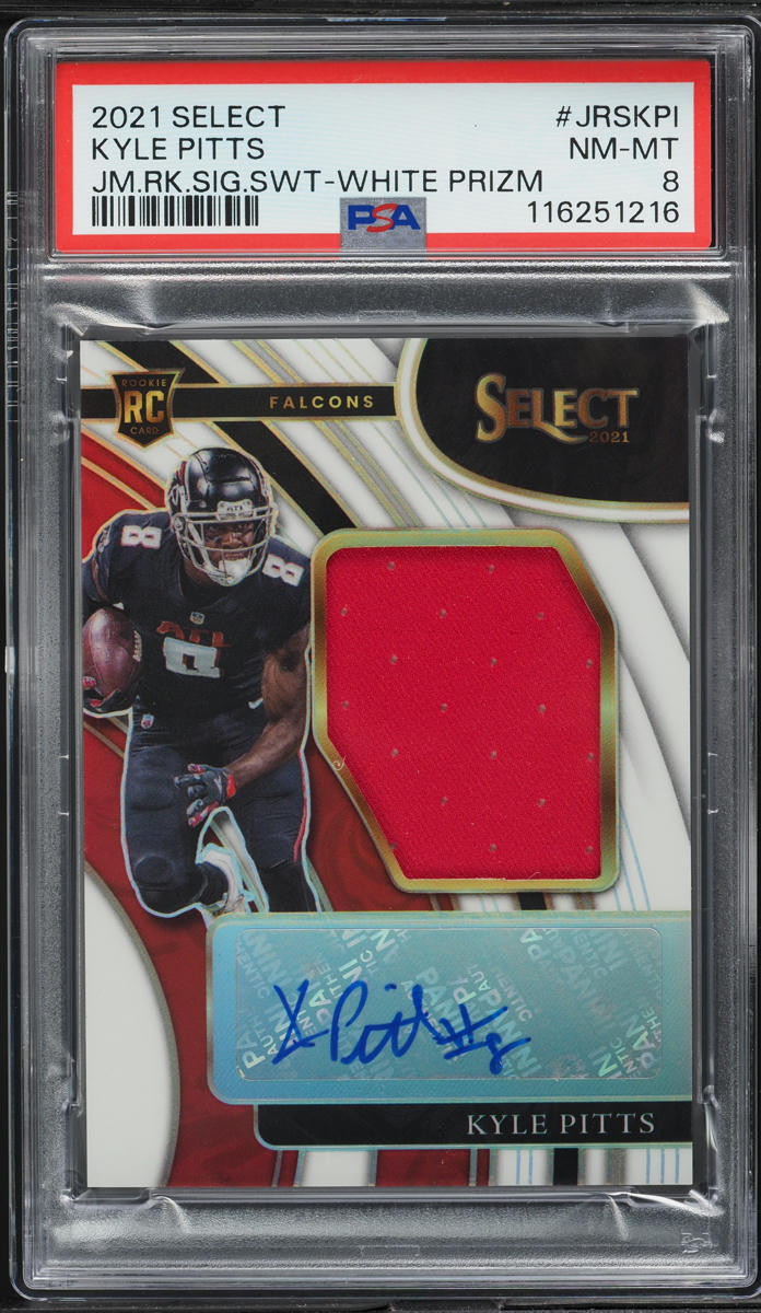 2021 Select Jumbo White Prizm Kyle Pitts ROOKIE PATCH AUTO /75 #JRS-KPI PSA 8