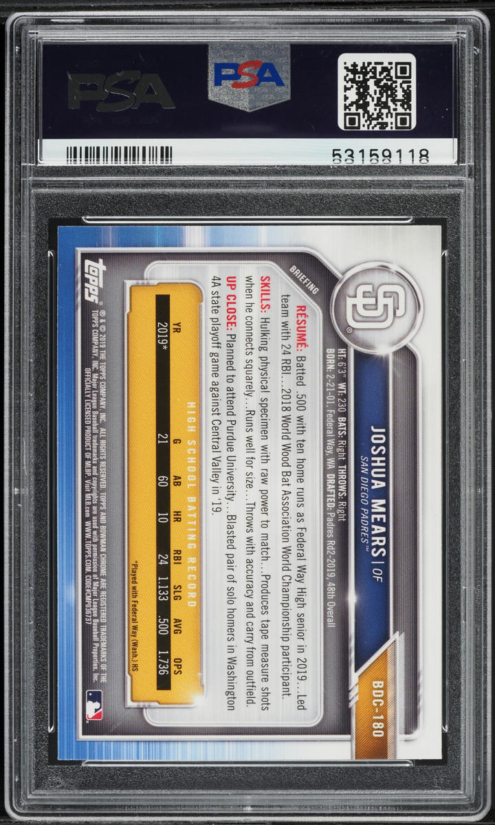 2019 Bowman Chrome Draft Joshua Mears PROSPECT #BDC-180 PSA 9 MINT