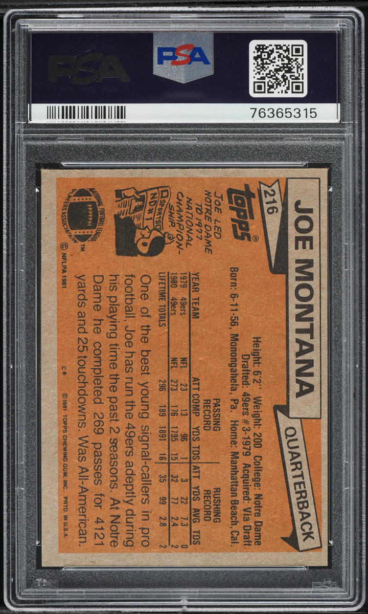 1981 Topps Football Joe Montana ROOKIE #216 PSA 6 EXMT