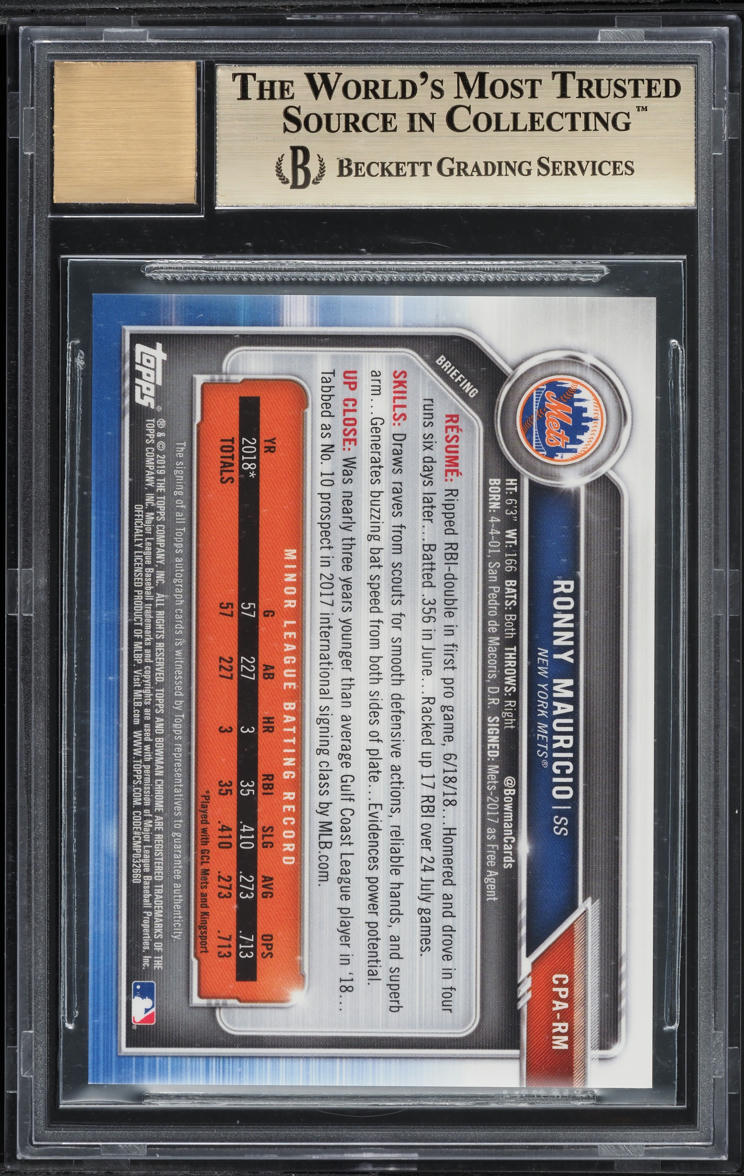 2019 Bowman Chrome Atomic Refractor Ronny Mauricio AUTO /100 BGS 9.5 GEM MINT