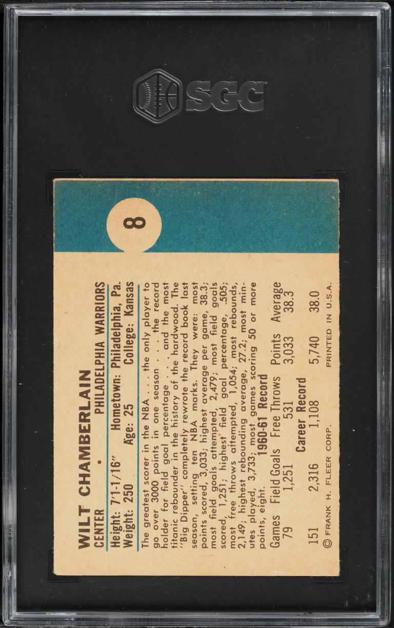 1961 Fleer Basketball Wilt Chamberlain ROOKIE #8 SGC AUTH