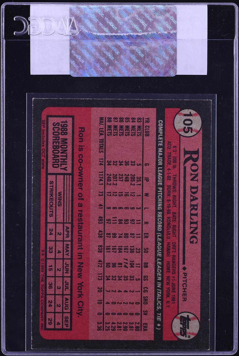 1989 Topps Ron Darling #105 CGC AUTH