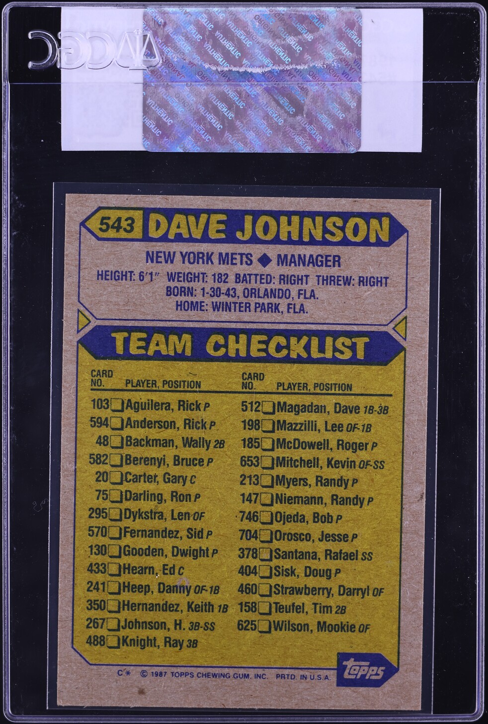 1987 Topps Davey Johnson #543 CGC AUTH