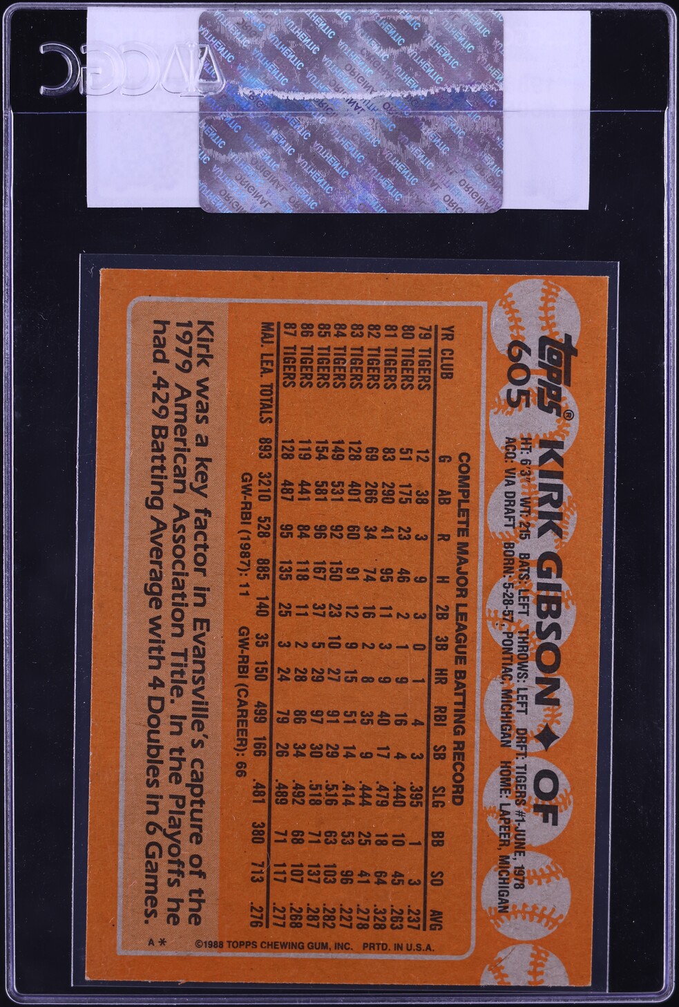 1988 Topps Kirk Gibson #605 CGC AUTH