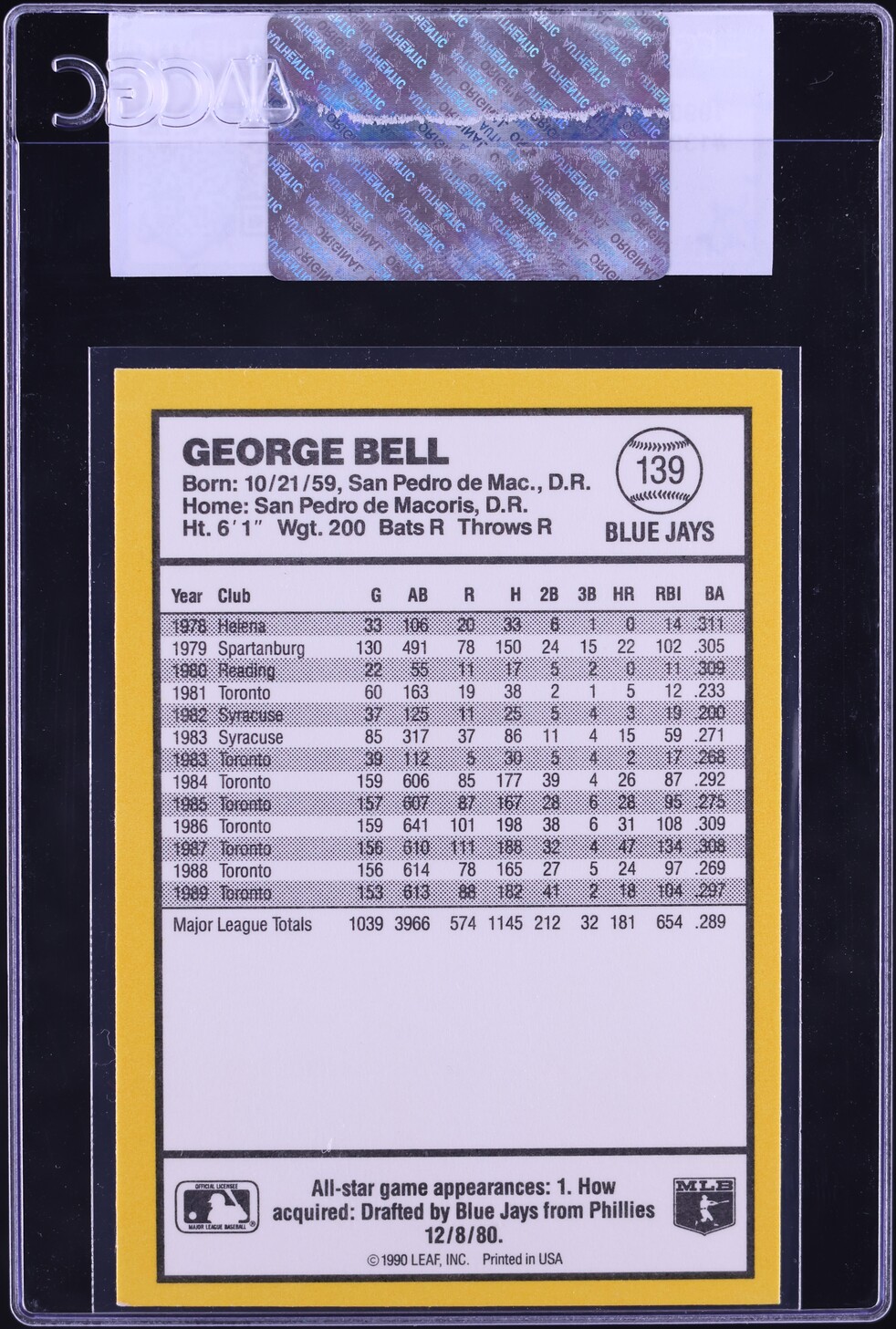 1990 Donruss Best Of The AL George Bell #139 CGC AUTH