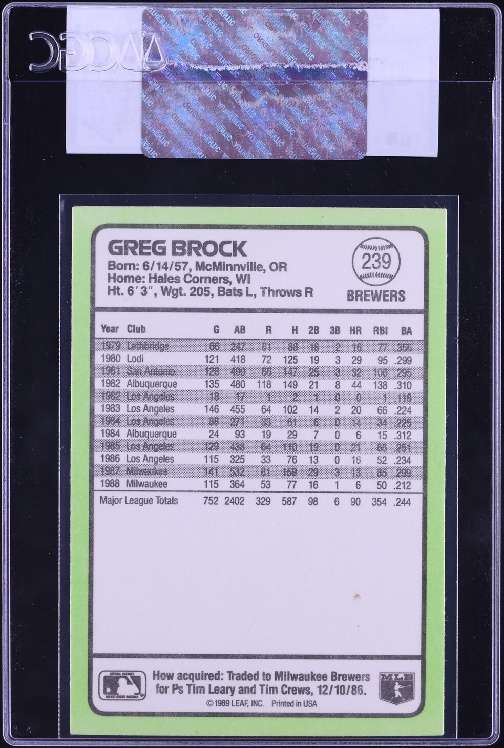1989 Donruss Baseball's Best Greg Brock #239 CGC AUTH