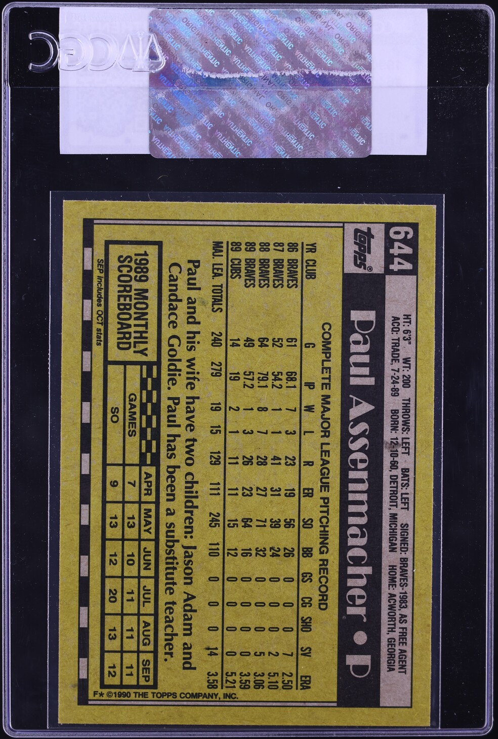1990 Topps Paul Assenmacher #644 CGC AUTH