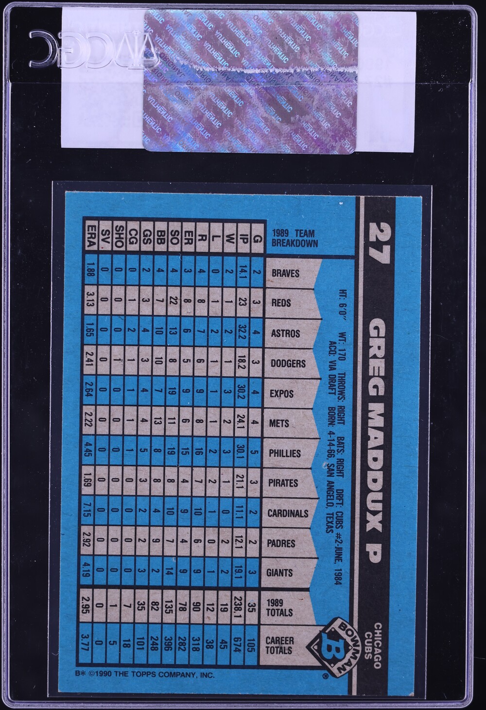 1990 Bowman Greg Maddux #27 CGC AUTH
