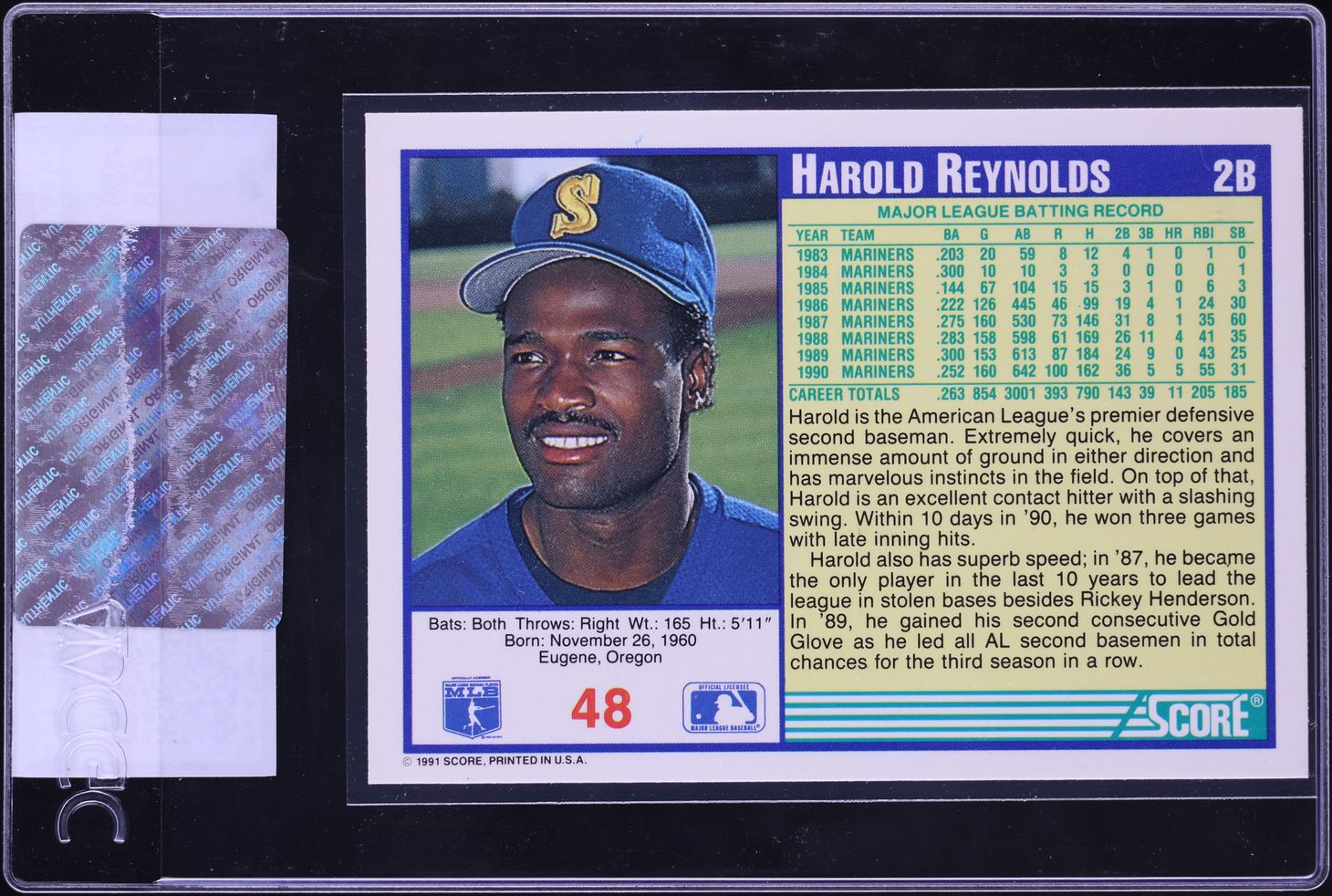 1991 Score Harold Reynolds #48 CGC AUTH