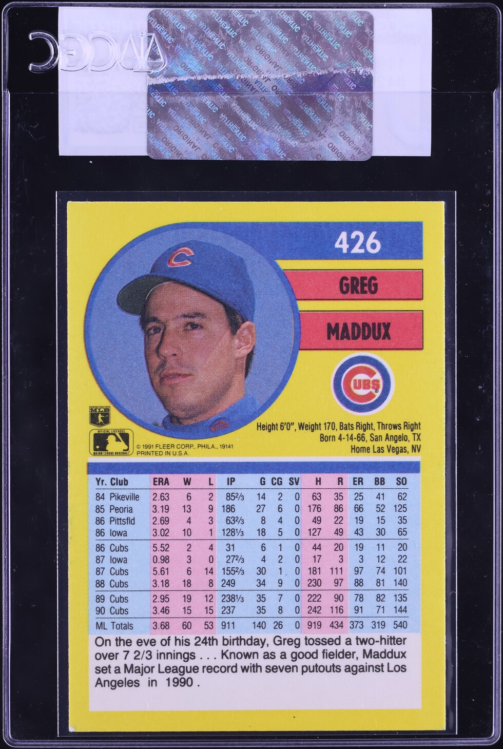 1991 Fleer Greg Maddux #426 CGC AUTH