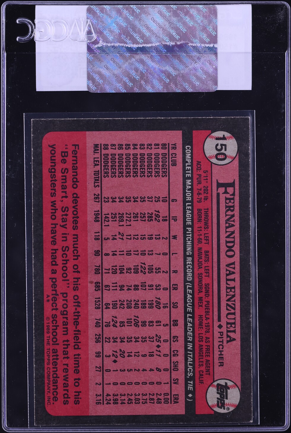 1989 Topps Fernando Valenzuela #150 CGC AUTH