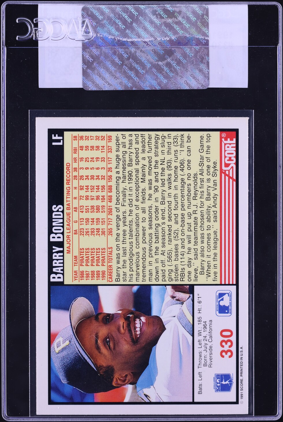 1991 Score Barry Bonds #330 CGC AUTH