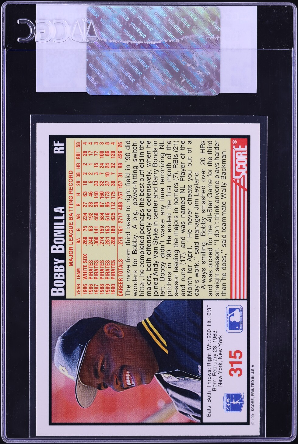 1991 Score Bobby Bonilla #315 CGC AUTH