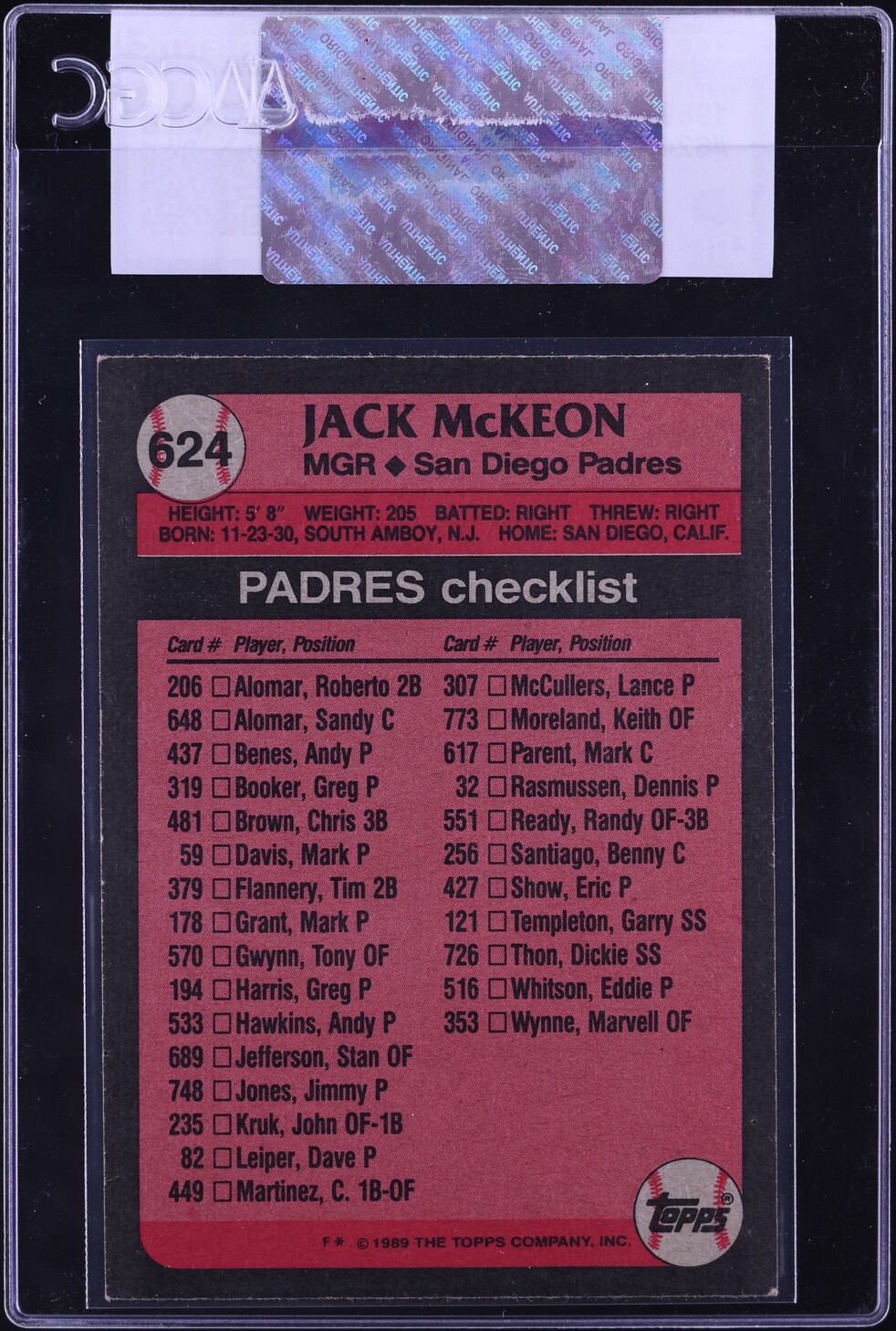 1989 Topps Jack McKeon #624 CGC AUTH