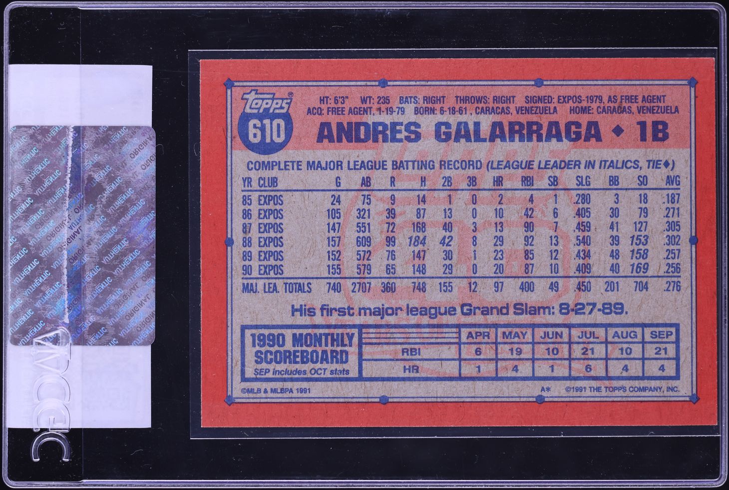 1991 Topps Andres Galarraga #610 CGC AUTH