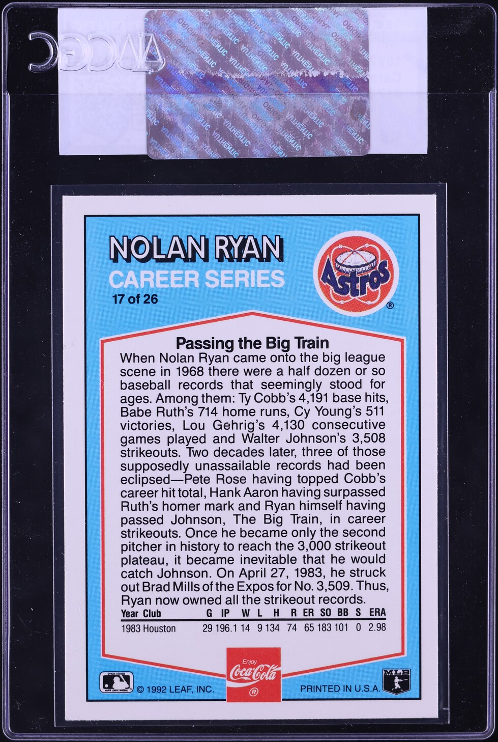 1992 Donruss Coca-Cola Career Series Nolan Ryan #17 CGC AUTH