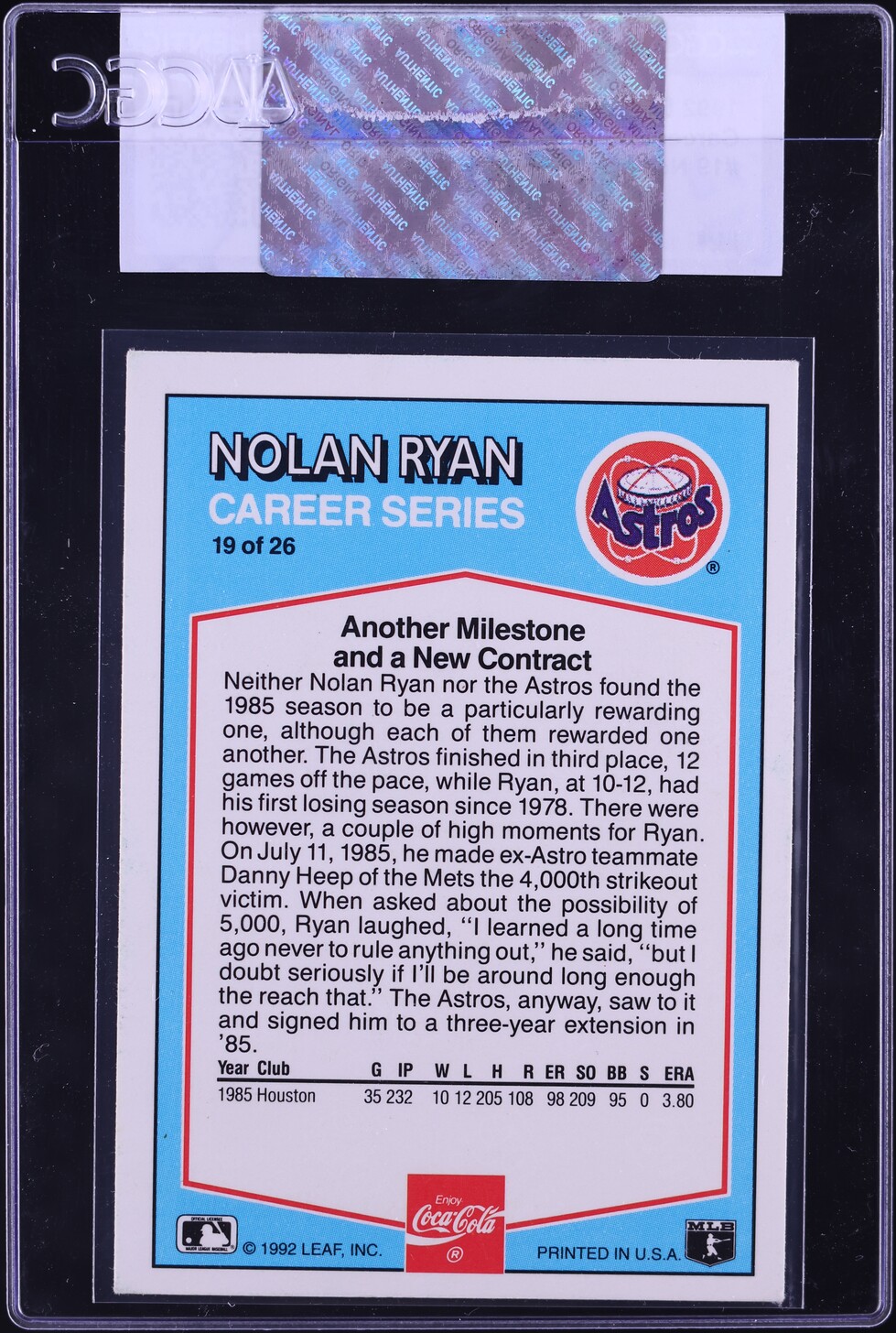 1992 Donruss Coca-Cola Career Series Nolan Ryan #19 CGC AUTH