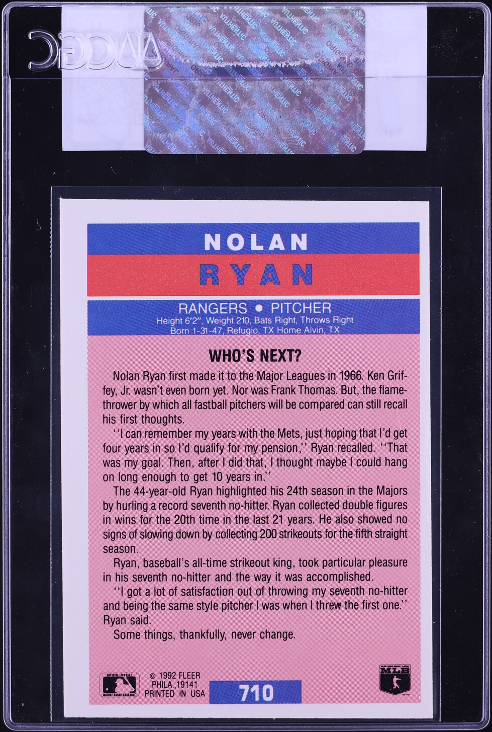 1992 Fleer Nolan Ryan #710 CGC AUTH