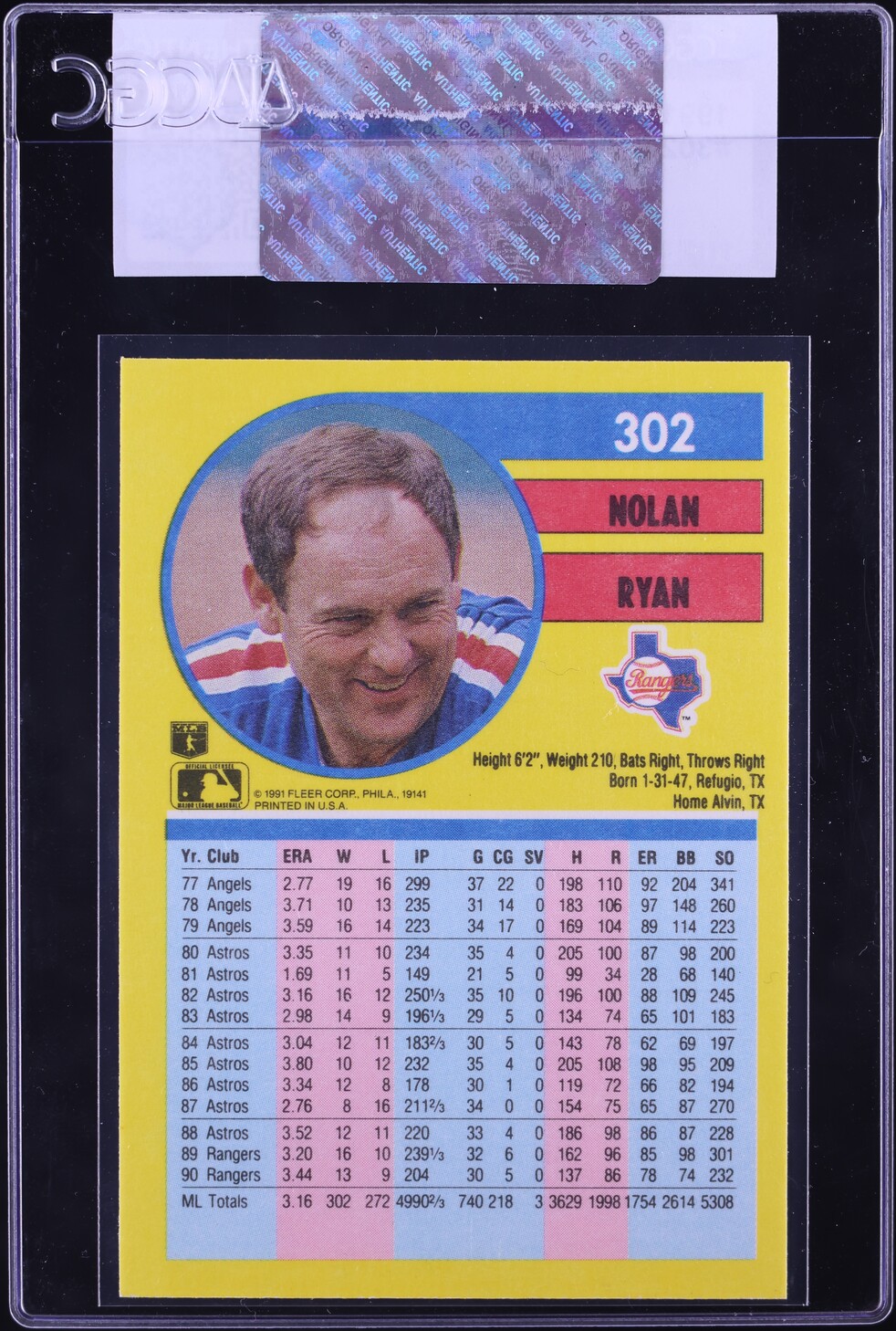 1991 Fleer Nolan Ryan #302 CGC AUTH