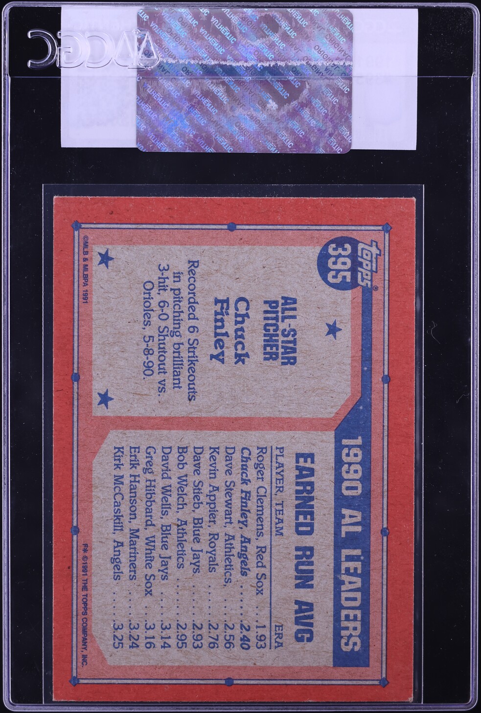 1991 Topps Chuck Finley #395 CGC AUTH