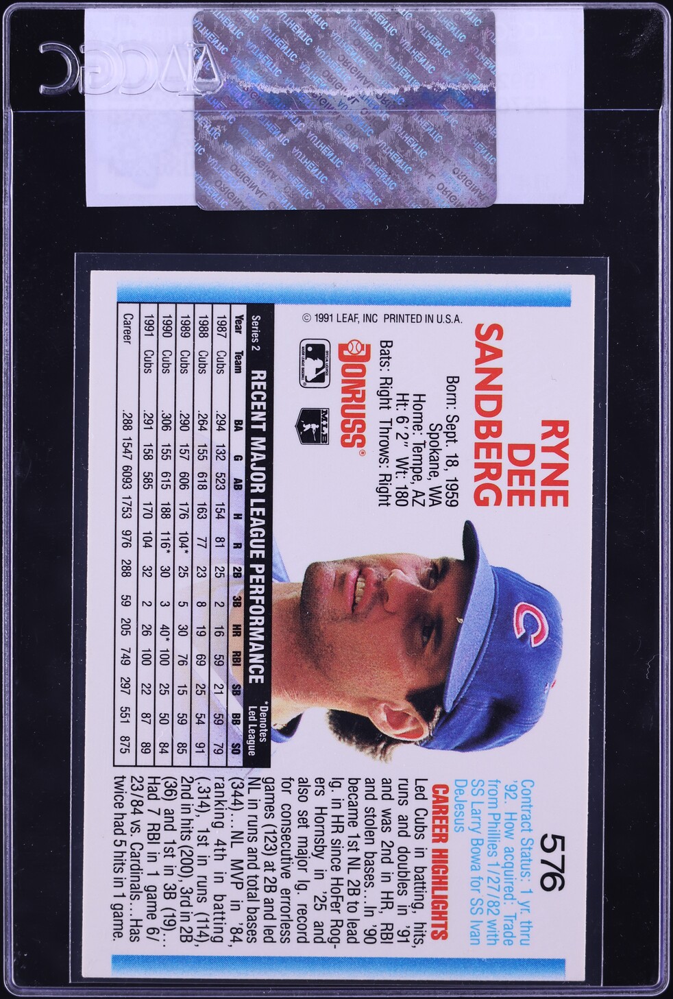 1992 Donruss Ryne Sandberg #576 CGC AUTH