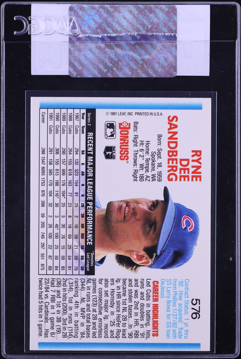 1992 Donruss Ryne Sandberg #576 CGC AUTH