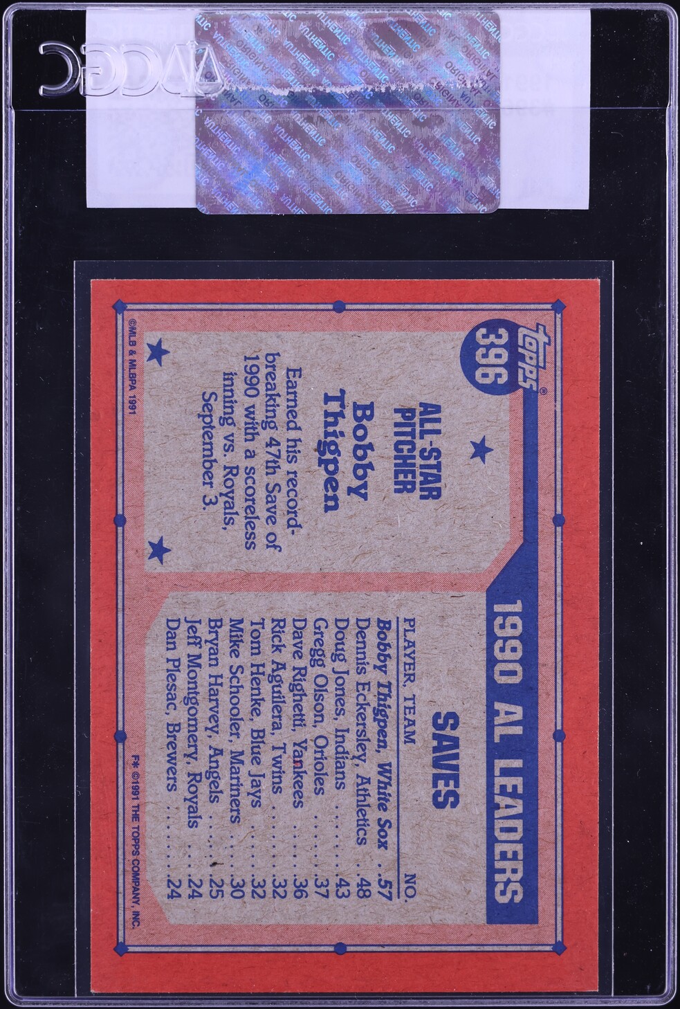1991 Topps Bobby Thigpen #396 CGC AUTH