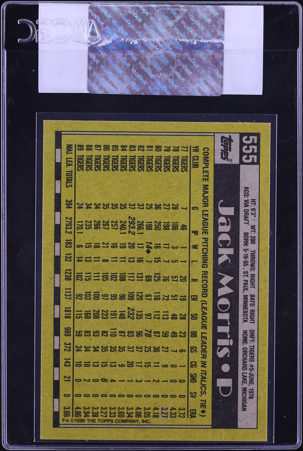 1990 Topps Jack Morris #555 CGC AUTH