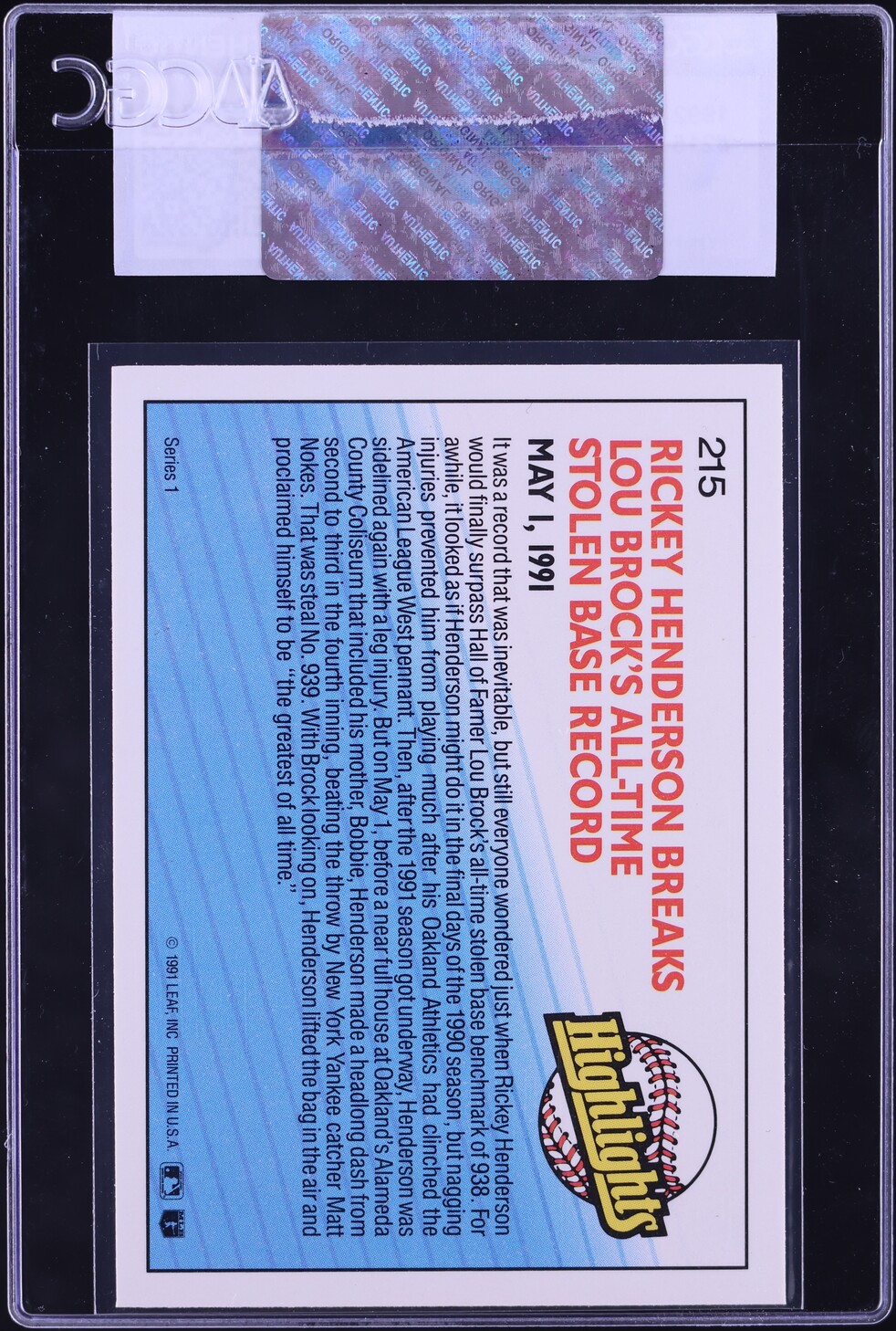 1992 Donruss Rickey Henderson #215 CGC AUTH