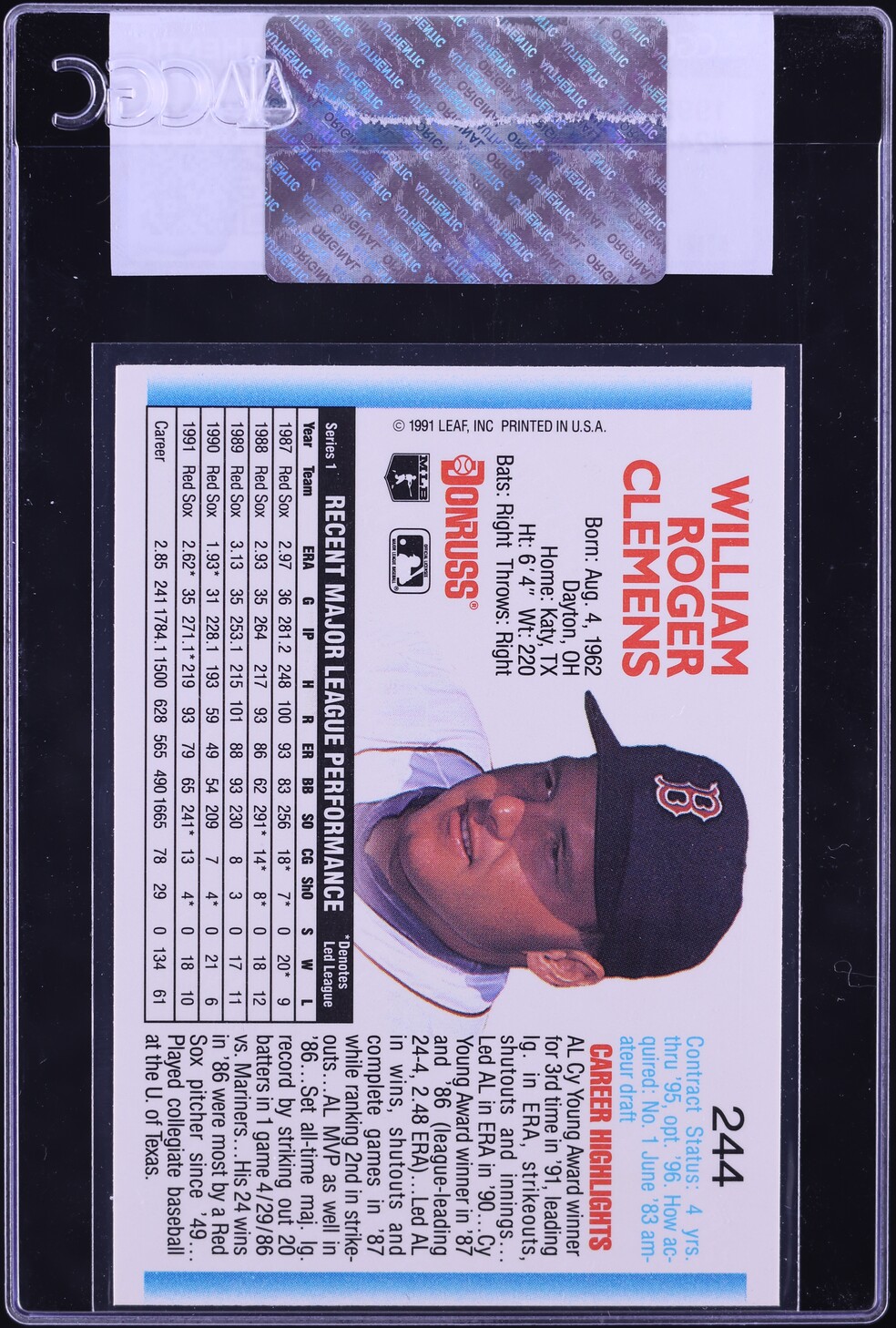 1992 Donruss Roger Clemens #244 CGC AUTH