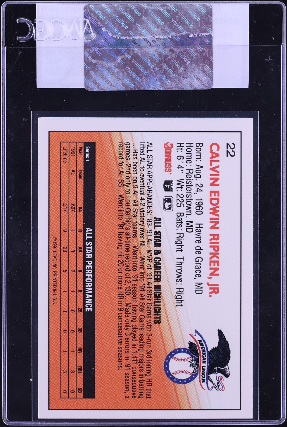1992 Donruss Cal Ripken Jr. #22 CGC AUTH
