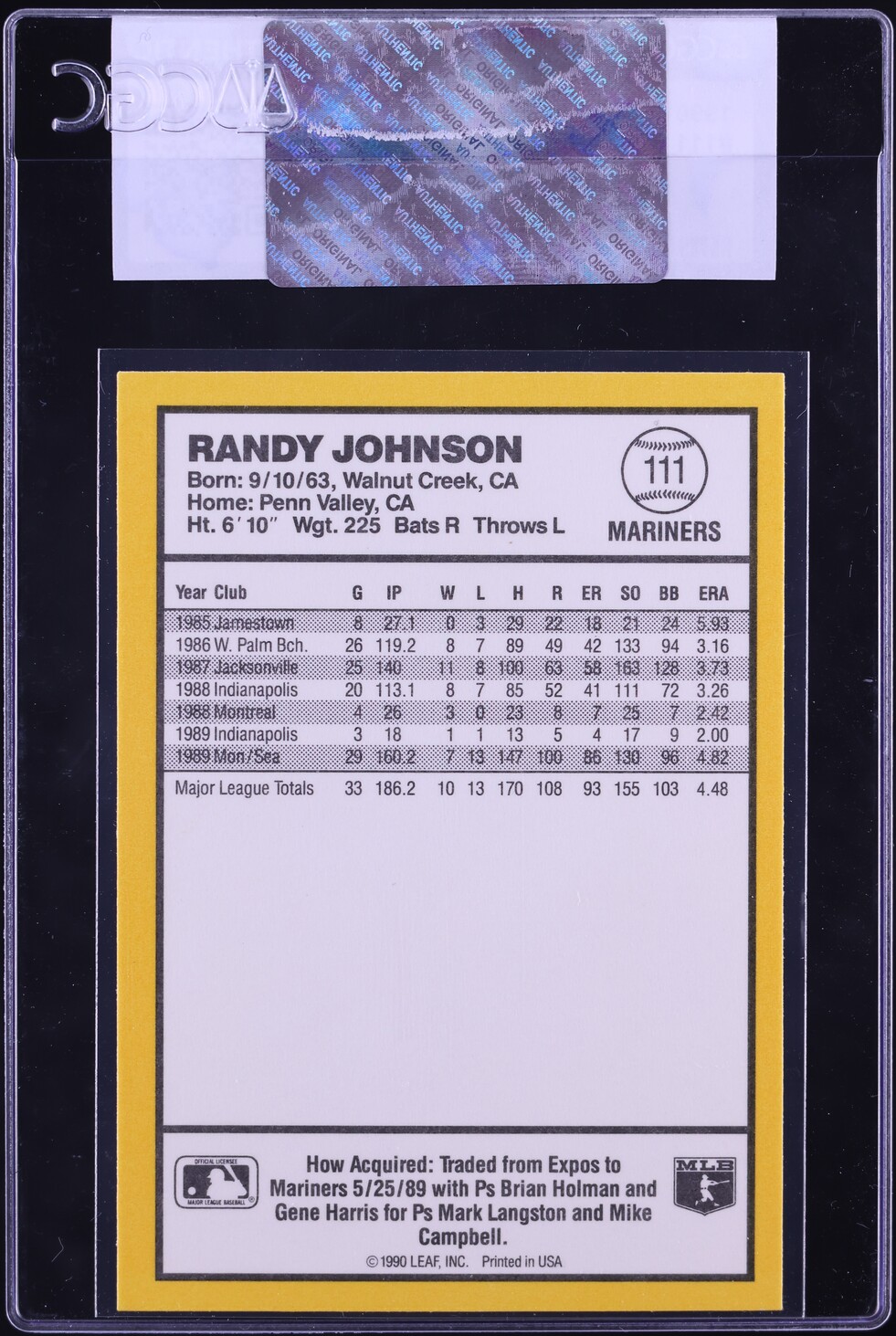 1990 Donruss Best Of The AL Randy Johnson #111 CGC AUTH