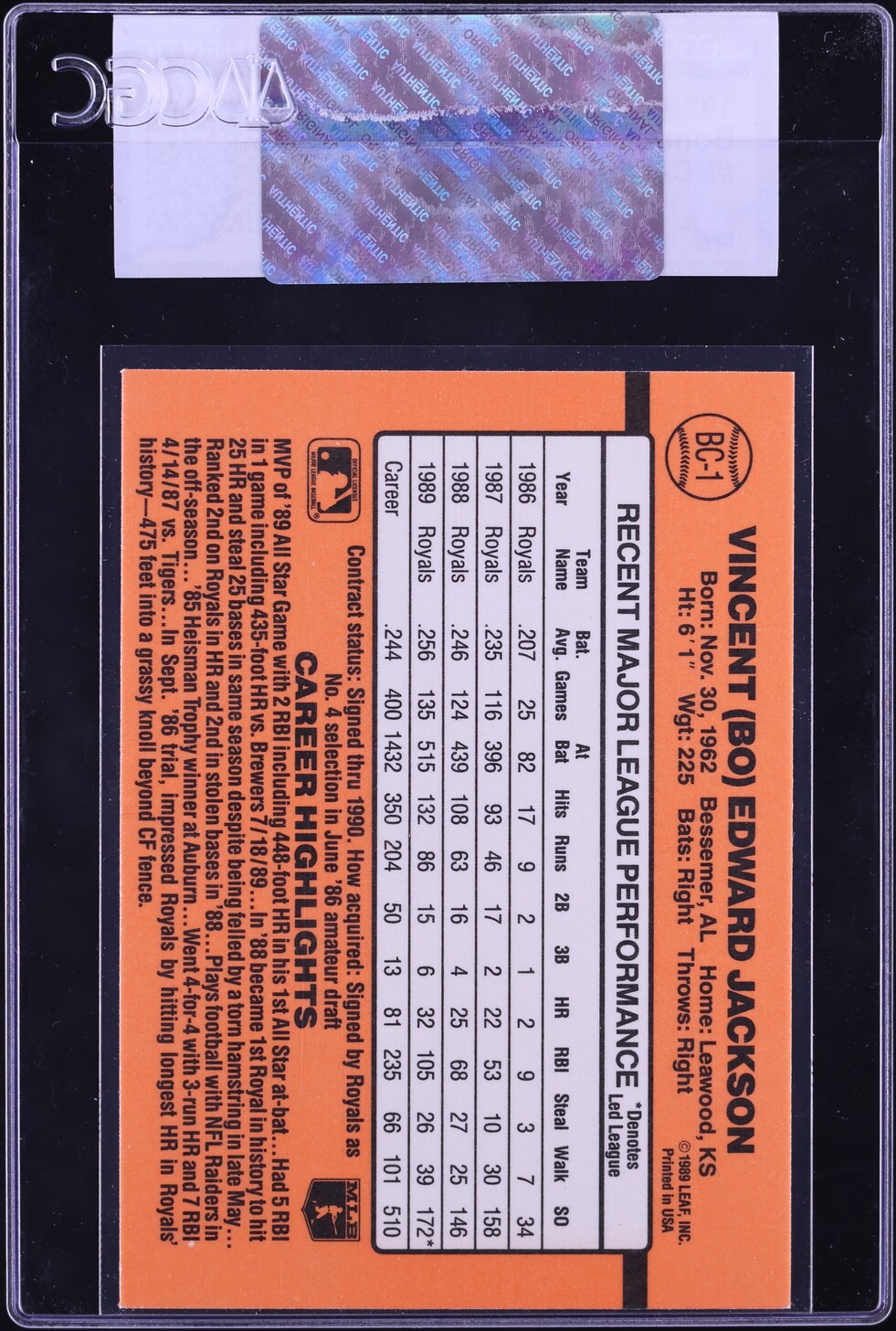 1990 Donruss Bonus MVP's Bo Jackson #BC-1 CGC AUTH