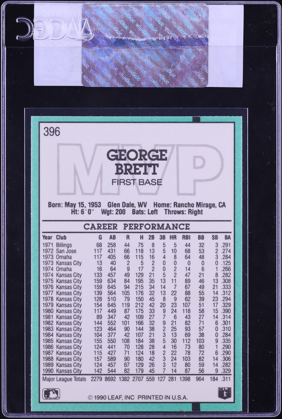 1991 Donruss MVP George Brett #396 CGC AUTH