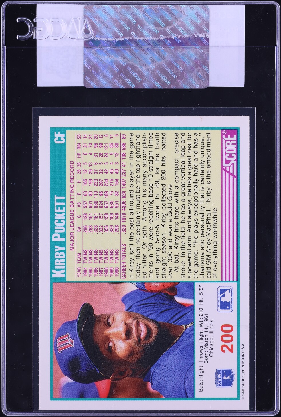1991 Score Kirby Puckett #200 CGC AUTH