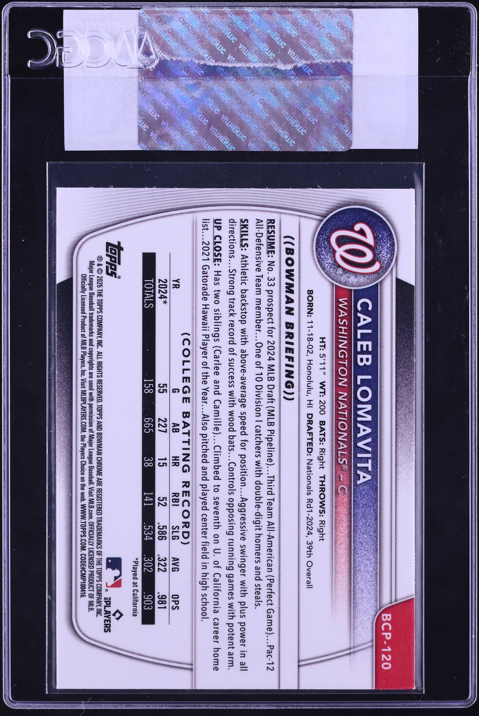 2025 Bowman Chrome Caleb Lomavita PROSPECT #BCP-120 CGC AUTH