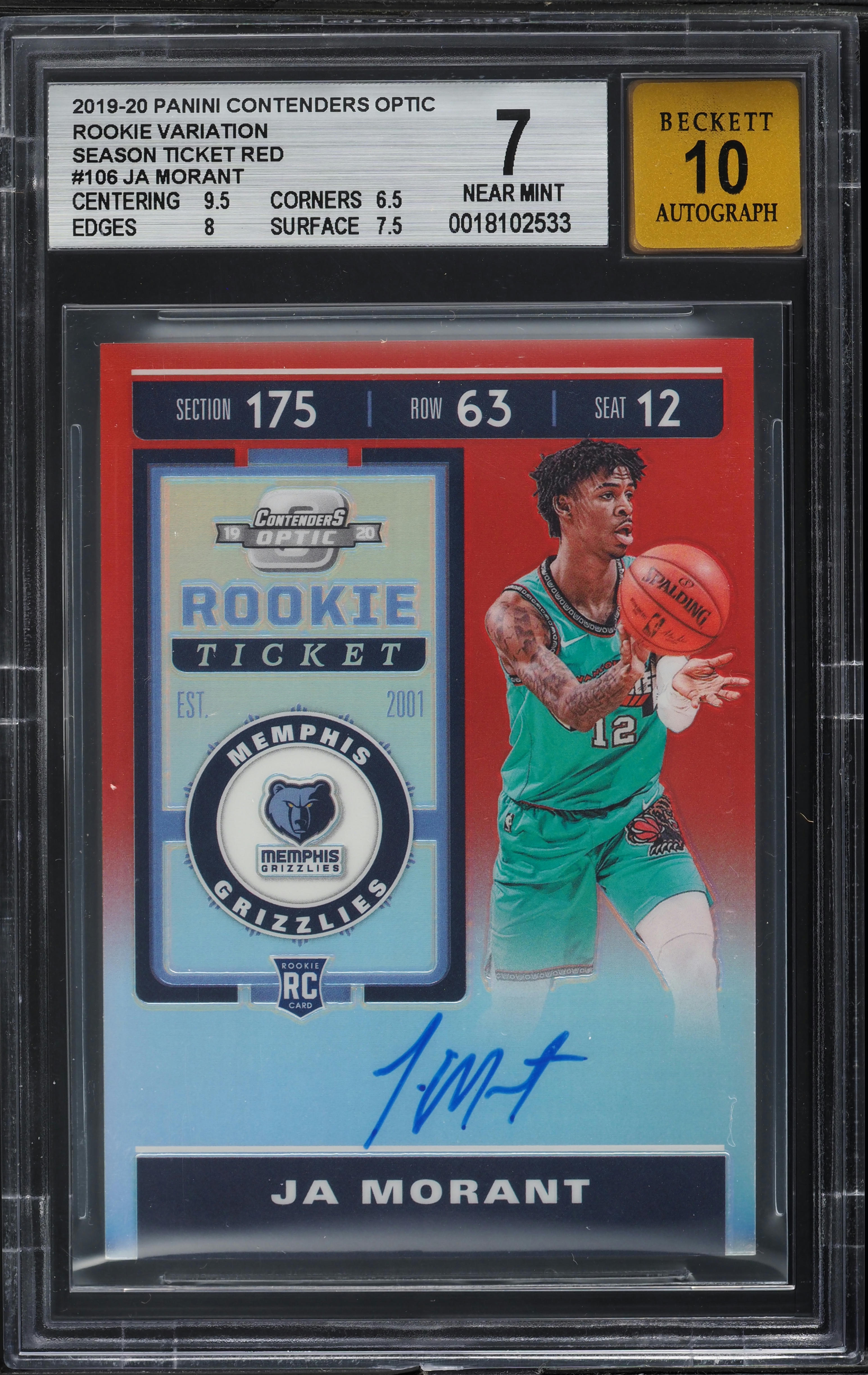 2019 Panini Contenders Optic Red Ja Morant ROOKIE AUTO /149 #106