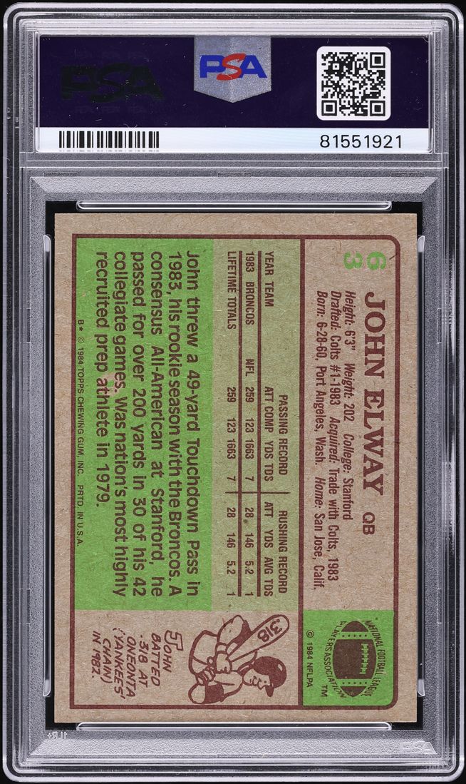 1984 Topps Football John Elway ROOKIE #63 PSA 10 GEM MINT