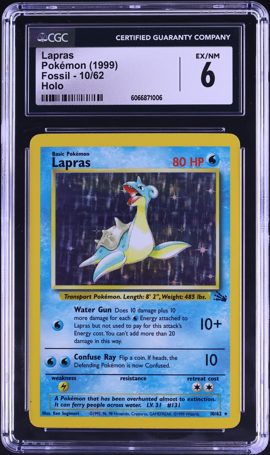 1999 Pokemon Fossil Holo Lapras #10 CGC 6 EXMT