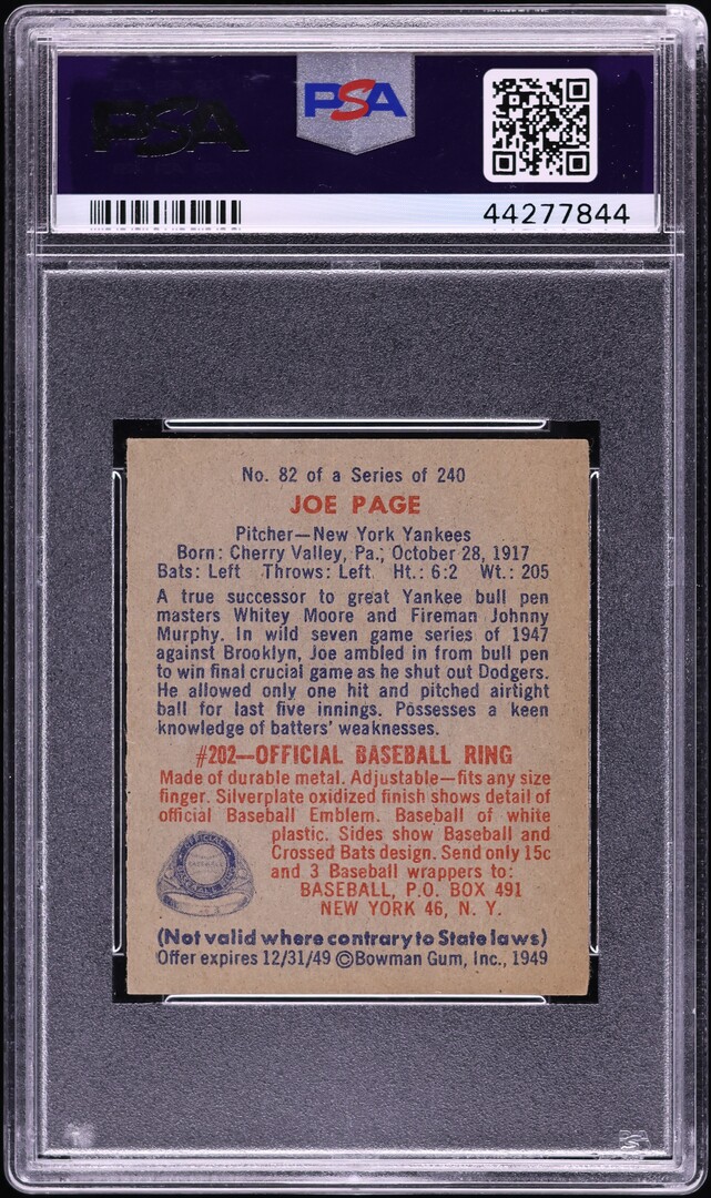 1949 Bowman Joe Page #82 PSA 7 NRMT