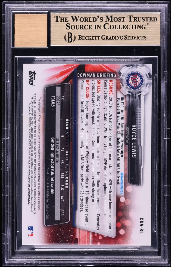 2017 Bowman Chrome Draft Royce Lewis ROOKIE AUTO #CDARL BGS 9.5 GEM MINT