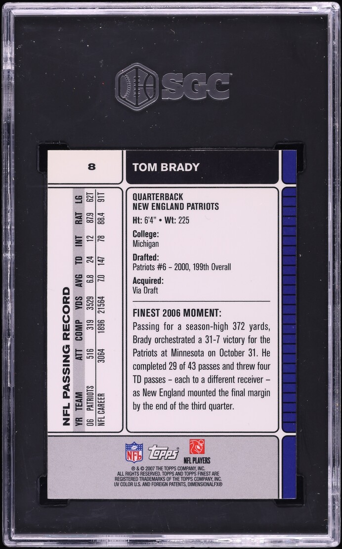 2007 Finest Football Tom Brady #8 SGC 10 GEM MINT