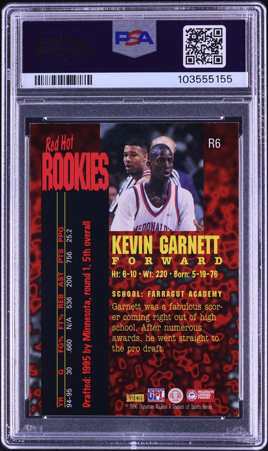 1995 Signature Rookies Fame And Fortune Red Hot Kevin Garnett ROOKIE PSA 8 NM-MT