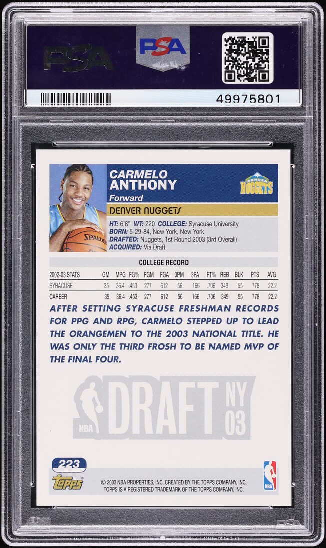 2003 Topps Collection Carmelo Anthony ROOKIE #223 PSA 9 MINT