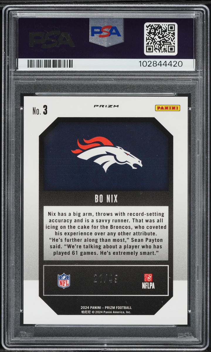 2024 Panini Prizm Emergent Purple Power Bo Nix ROOKIE /49 #3 PSA 9 MINT