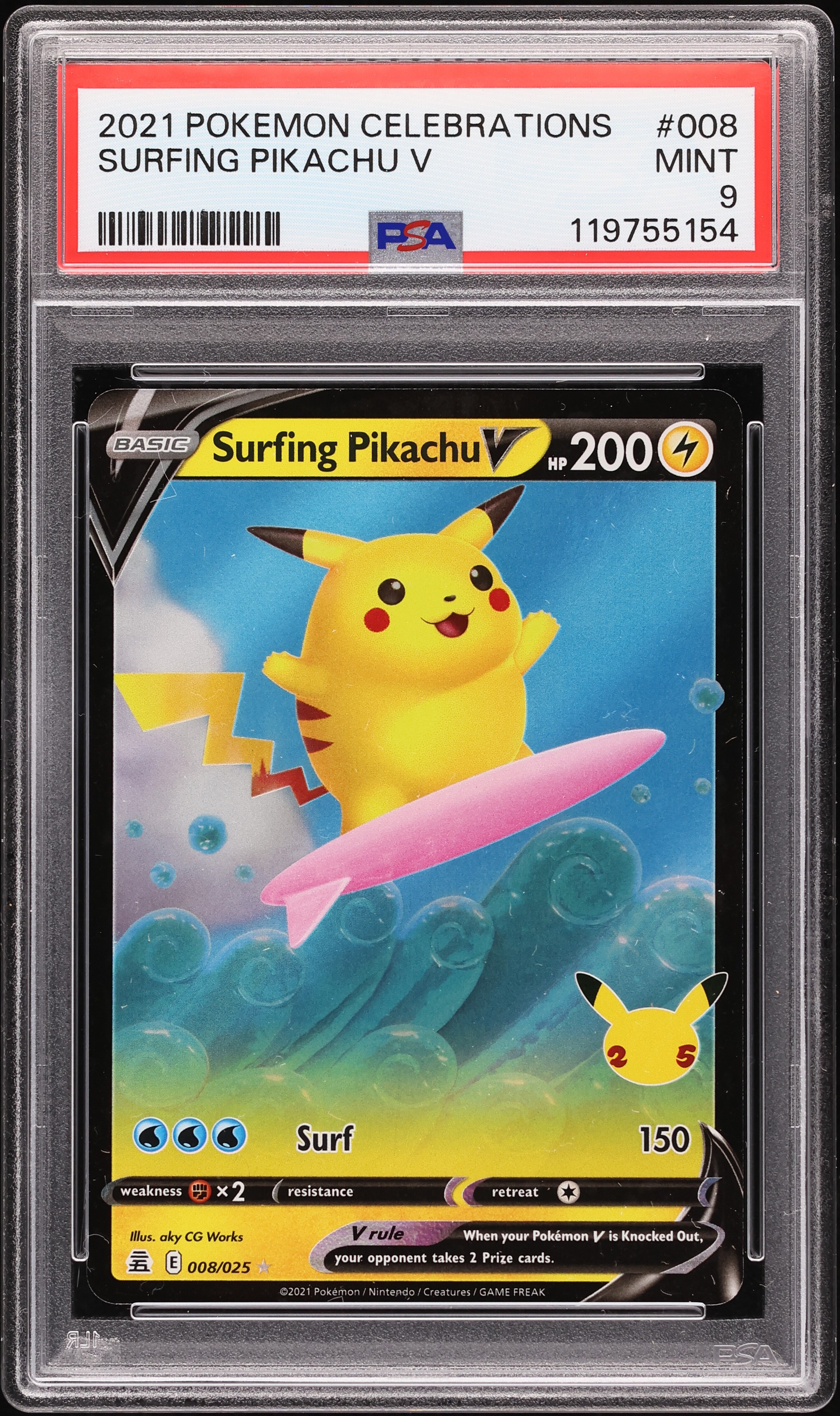 2021 Pokemon Sword & Shield Celebrations Surfing Pikachu V #8 PSA