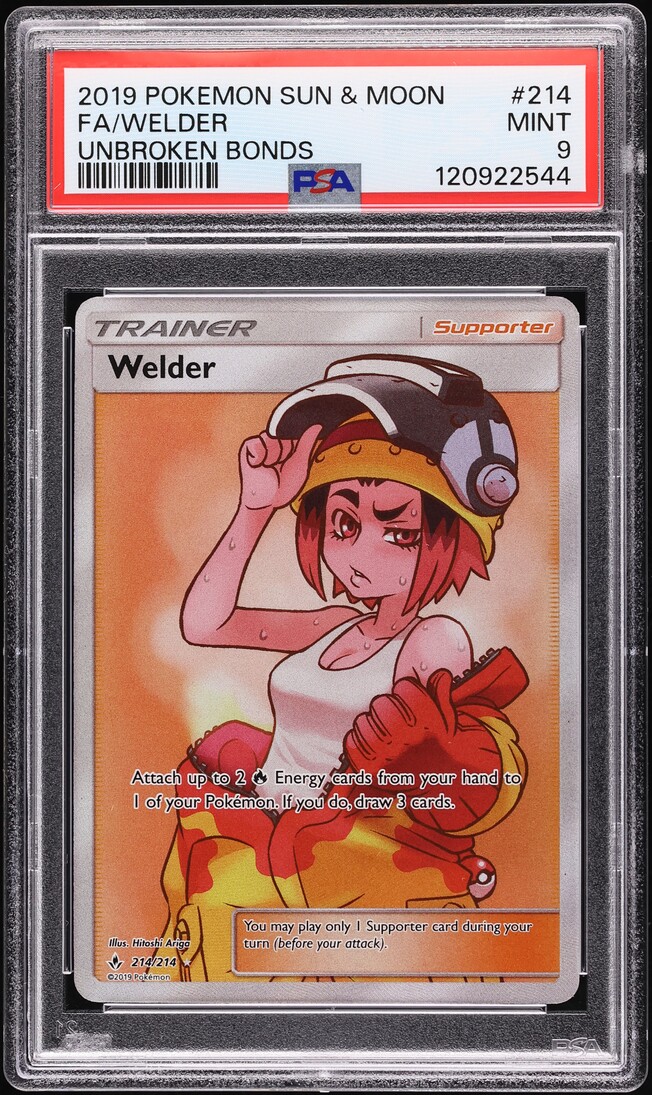 2019 Pokemon Sun & Moon Unbroken Bonds Full Art Welder #214 PSA 9 MINT