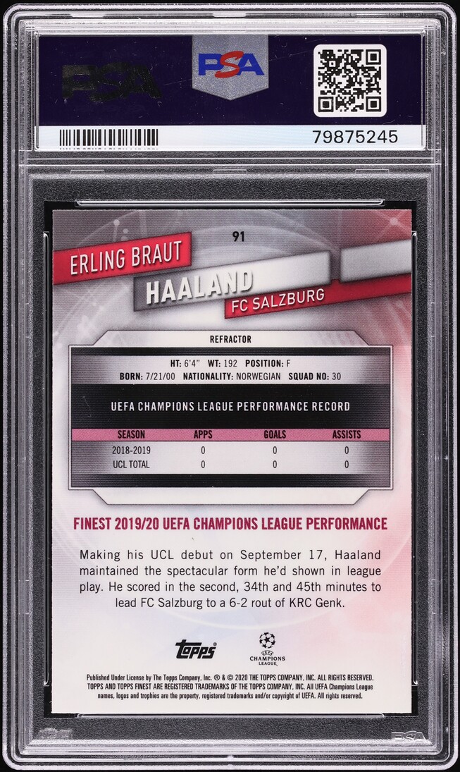 2019 Finest UEFA Champions League Refractor Erling Haaland ROOKIE #91 PSA 9 MINT