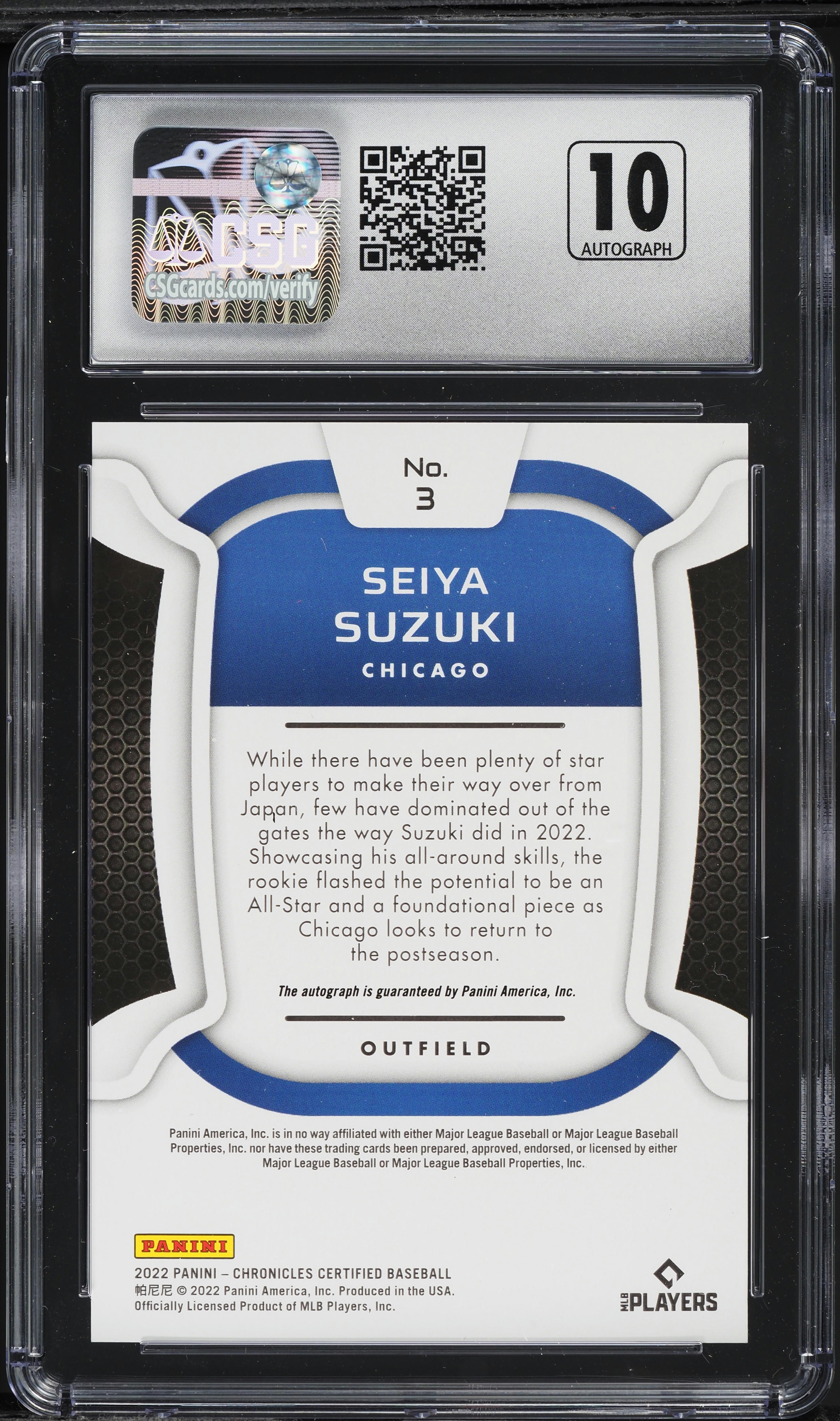 2022 Panini Chronicles Certified Seiya Suzuki ROOKIE AUTO #3 CSG