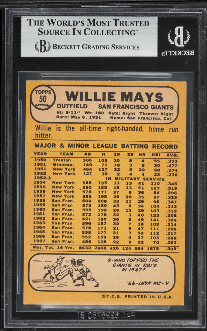 1968 Topps Willie Mays #50 BGS 6 EXMT